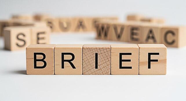 Wooden blocks spelling out BRIEF on a clean white surface surrounded by other lettered blocks representing concise communication and the importance of clear focused messaging in a business or educatio photo