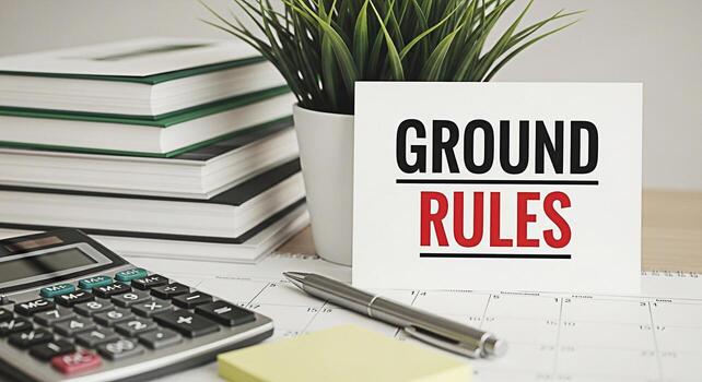 A desk setup featuring a card displaying Ground Rules amidst office supplies symbolizing order and structure in a professional environment promoting a sense of clarity and organization for effective w photo