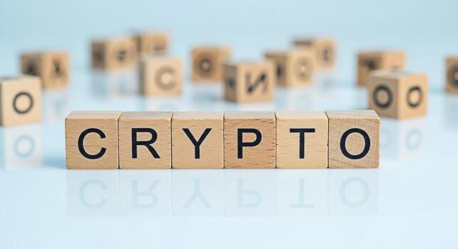 Wooden blocks spelling CRYPTO on a reflective surface surrounded by blurred letter blocks symbolizing digital currency and blockchain technology in a clean minimalist setting conveying innovation and photo