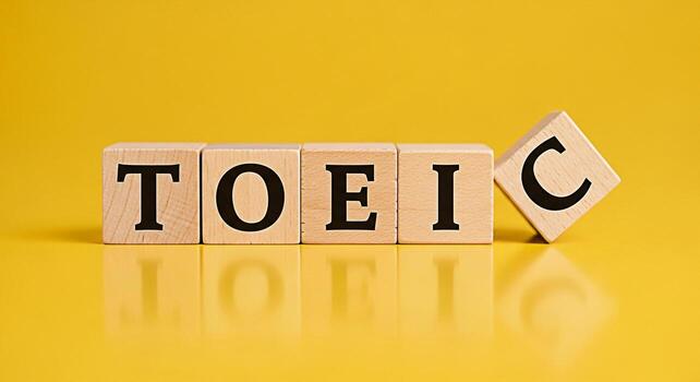 Wooden blocks spelling out TOEIC on a vibrant yellow background symbolizing preparation and success in the international English language test creating a focused and motivational atmosphere for learni photo