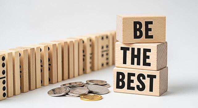 Stacked wooden blocks displaying Be The Best next to a row of dominoes and scattered coins on a white surface symbolizing motivation success and financial achievement in a competitive environment photo
