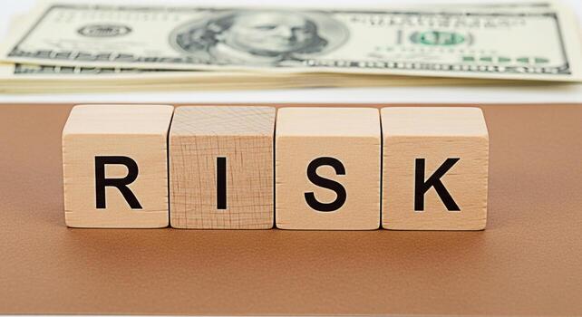 Wooden blocks spelling RISK placed in front of a stack of US dollar bills on a brown surface representing financial risk investment risk and the inherent uncertainty in business ventures with a seriou photo