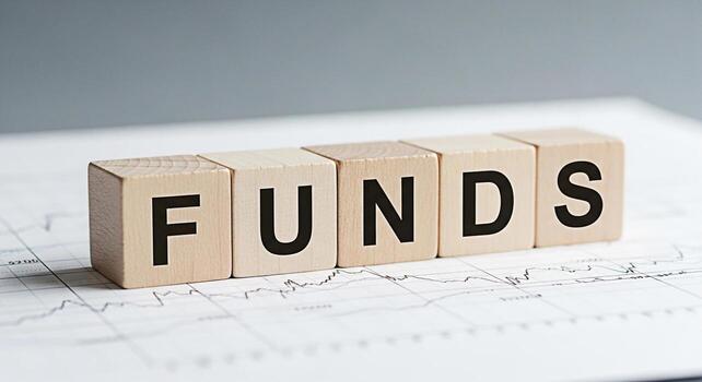 Wooden blocks spelling FUNDS resting on a financial chart symbolizing investment strategies and asset management in a neutraltoned professional setting conveying stability and growth potential photo