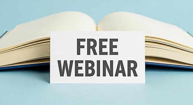 Open book displaying a card with the text Free Webinar on a light blue surface inviting viewers to learn and participate in an informative online event promoting knowledge and accessibility in a moder photo