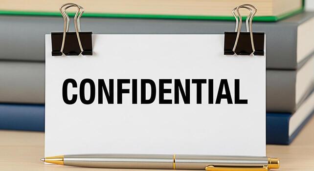 Confidential document displayed on a wooden desk with books emphasizing the importance of secrecy and privacy in a professional setting creating a mood of seriousness and discretion photo