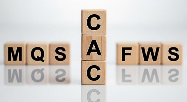 Wooden blocks displaying CAC stacked vertically flanked by MQS and FWS on a reflective surface representing compliance audit and certification in a clean minimalist setting conveying trust and assuran photo