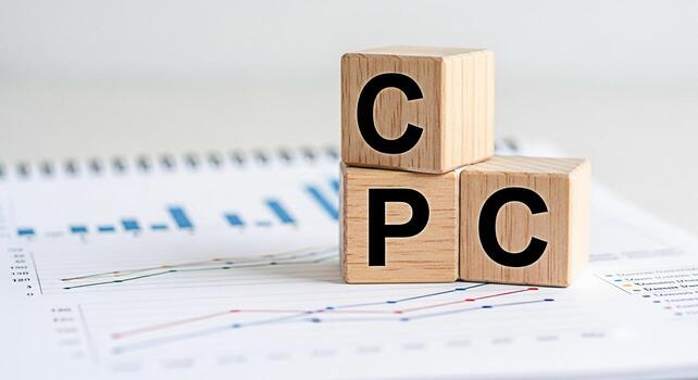 Wooden blocks displaying CPC on a financial report representing cost per click analysis in a bright office setting symbolizing datadriven marketing and advertising strategies for business growth photo