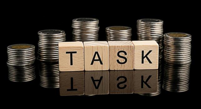 Wooden blocks spelling TASK are stacked between piles of coins on a reflective black surface representing project management financial goals and the importance of completing assignments for success an photo