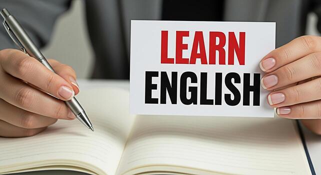 enfocado estudiante preparando a aprender Inglés participación un firmar con el palabras aprender Inglés en un brillante bien iluminado estudiar ambiente simbolizando educación idioma adquisición y personal crecimiento con determinante foto
