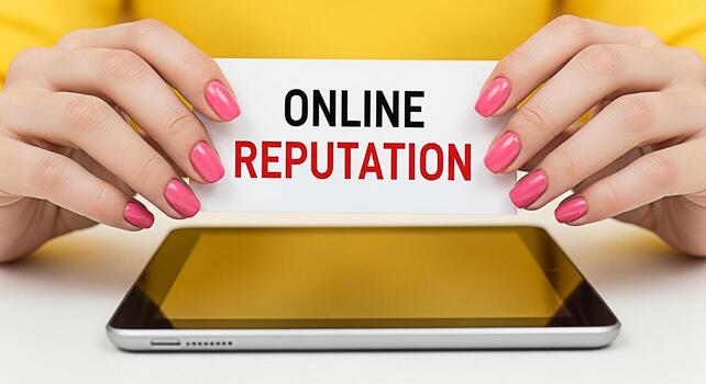 Womans manicured hands displaying a card with the words Online Reputation above a tablet on a white table symbolizing the importance of managing ones digital presence and online image with care and at photo