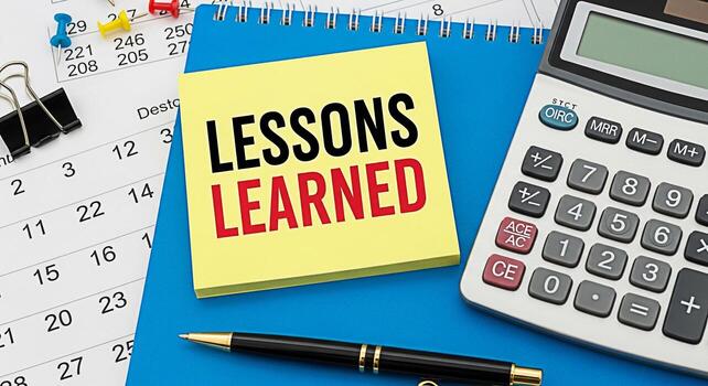 Analyzing lessons learned on a blue notepad with a calculator and calendar highlighting the importance of reflection and continuous improvement in a business setting for future success and growth photo