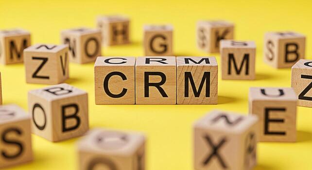 Wooden blocks spelling CRM Customer Relationship Management on a bright yellow background representing business strategy and the importance of customer relationships in achieving success and growth photo