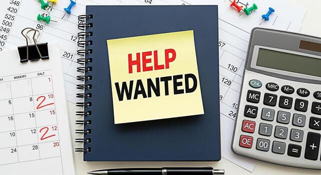 Urgent message on a sticky note placed on a dark blue notebook in a bright office setting conveying a sense of immediate need for assistance and highlighting the challenges of recruitment and staffing photo