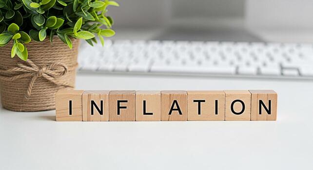 Wooden blocks spelling INFLATION sitting on a white desk with a potted plant and computer keyboard in the background representing financial challenges and economic uncertainty in a modern workspace photo