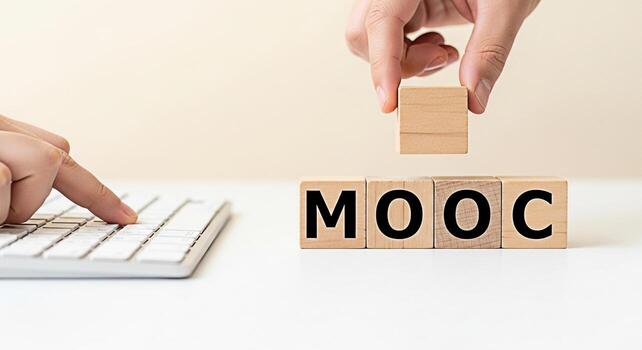 Hands arranging wooden blocks spelling MOOC on a white desk symbolizing online education and learning in a clean minimalist environment conveying a message of accessibility and modern educational meth photo