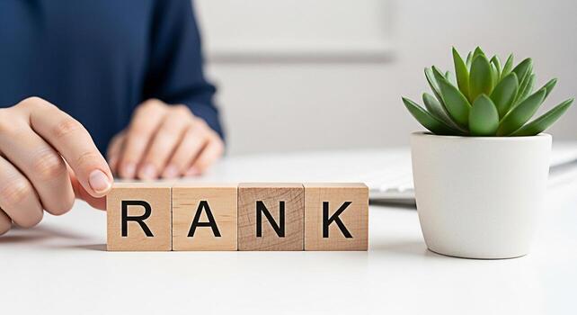 A hand arranging wooden blocks spelling RANK on a white desk in a bright office symbolizing business strategy SEO optimization and achieving a higher position in search engine results conveying succes photo