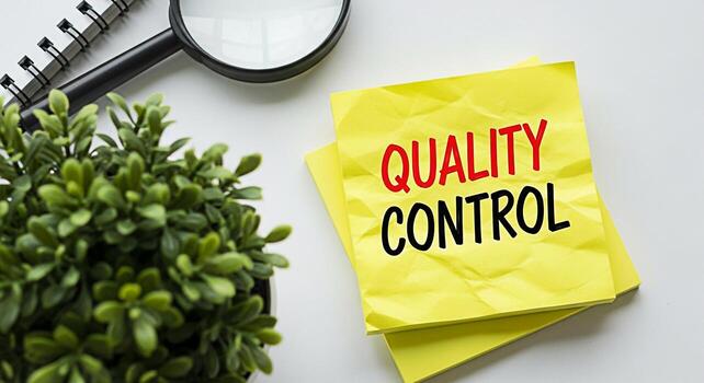 Closeup of yellow sticky notes displaying Quality Control on a white desk with a magnifying glass spiral notebook and potted plant representing precision attention to detail and a focus on maintaining photo