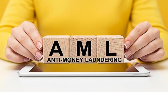 Womans hands arranging wooden blocks spelling AML AntiMoney Laundering on a tablet in a bright professional setting emphasizing compliance and financial security for business and regulatory concepts photo