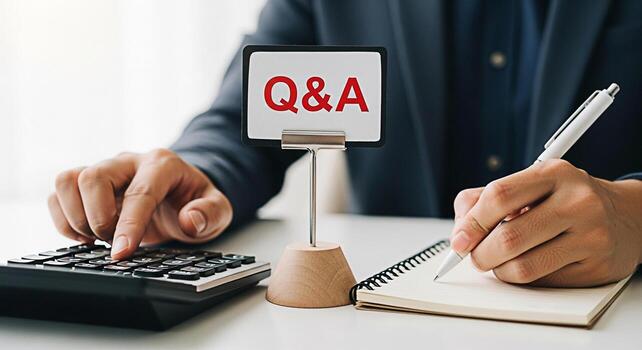 Focused professional calculating figures and taking notes in a bright office setting addressing QA for business strategy and financial planning with precision and clarity ensuring accurate data and in photo