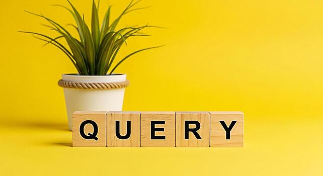 Wooden blocks spelling QUERY on a vibrant yellow background next to a potted plant representing information seeking and the concept of searching for answers with a bright and optimistic mood photo
