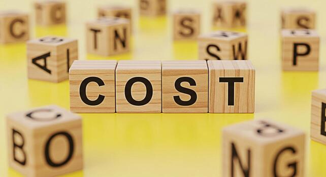 Wooden blocks spelling COST resting on a bright yellow surface surrounded by other blocks with letters symbolizing financial awareness and the importance of managing expenses effectively in a business photo