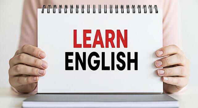 persona participación un cuaderno con el palabras aprender Inglés en un brillante neutral ajuste simbolizando educación idioma adquisición y el importancia de global comunicación en un moderno mundo foto