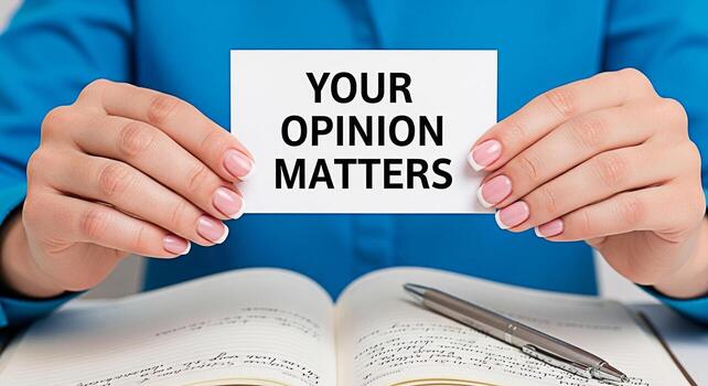 Woman holding a card with the message Your Opinion Matters above an open notebook with a pen on a desk emphasizing the importance of feedback and customer satisfaction in a business setting photo