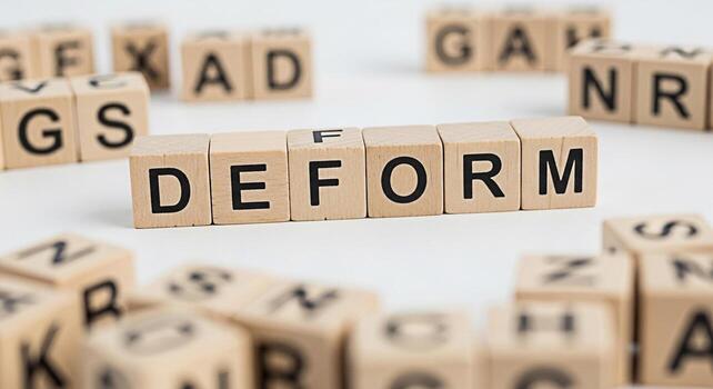 de madera alfabeto bloques ortografía fuera deformar en un blanco superficie rodeado por dispersado letra bloques creando un concepto de distorsión cambio y el Descompostura de estructura en un limpiar y minimalista conjunto foto