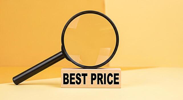 Magnifying glass focusing on a wooden block with Best Price text on a yellow background representing a concept of finding the best deals price comparison and smart shopping in a competitive market photo