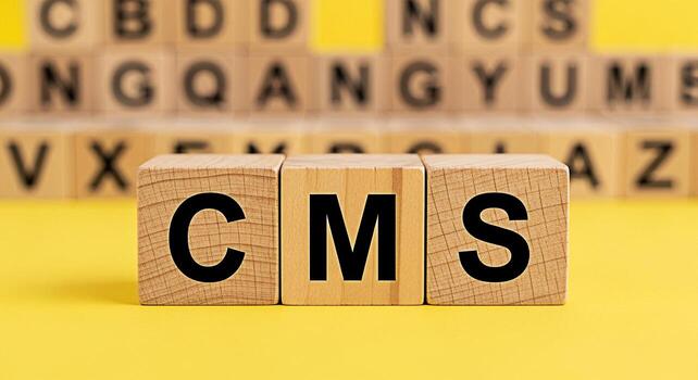 Wooden blocks displaying the letters CMS on a vibrant yellow surface representing content management system solutions in a simple and accessible way ideal for illustrating digital strategy and website photo