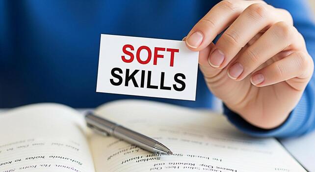 Closeup of a hand holding a card with the words Soft Skills over an open notebook with a pen symbolizing the importance of interpersonal abilities in a professional and educational setting fostering a photo