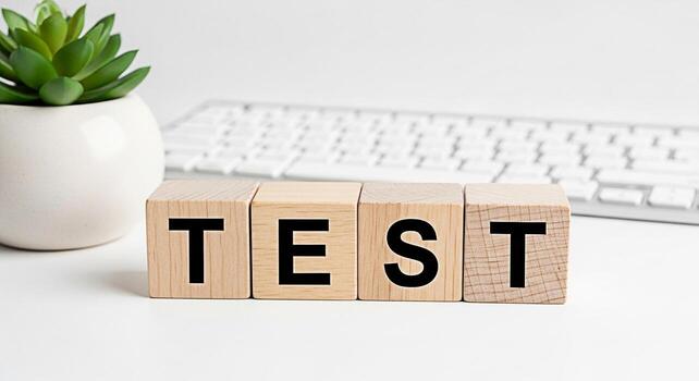 Wooden blocks spelling TEST on a white desk next to a succulent and keyboard representing assessment evaluation and the importance of quality control in a modern office environment photo
