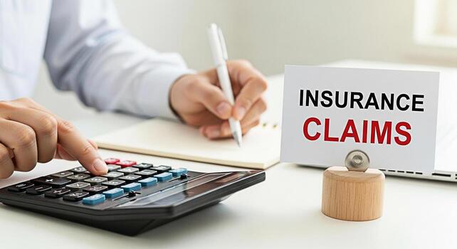 Focused individual calculating insurance claims on a calculator while taking notes in a bright office setting representing financial responsibility and the process of managing and resolving insurance photo
