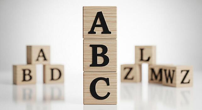 Stacked wooden alphabet blocks displaying A B and C in a bright studio setting symbolizing early childhood education learning the basics and the joy of discovering the alphabet through play and intera photo
