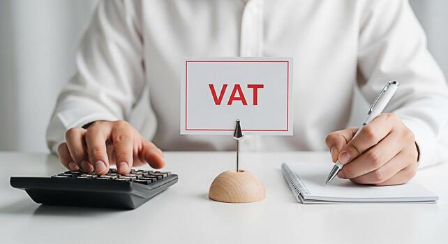 Accountant calculating VAT on a white desk with a calculator and notepad representing financial compliance and tax management in a clean professional environment emphasizing accuracy and attention to photo