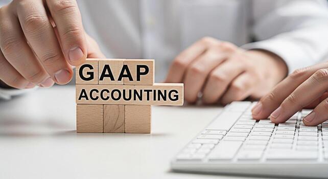 contador arreglando de madera bloques con gaap contabilidad texto mientras trabajando en un computadora en un brillante oficina representando financiero conformidad y transparencia en negocio operaciones y adherencia a un foto