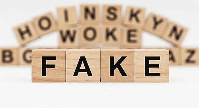 Wooden blocks spelling out FAKE in a studio setting surrounded by other blocks with words like WOKE and HOINSKY conveying a message of misinformation and distrust in information sources photo