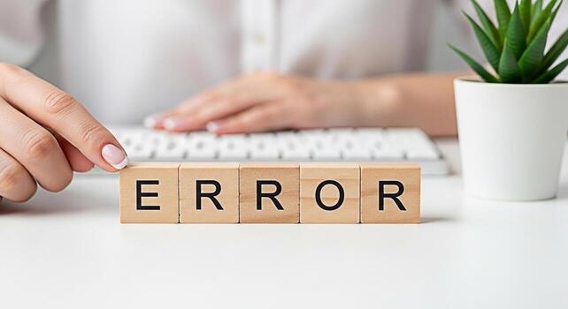 Woman pointing to wooden blocks spelling ERROR on a white desk with a computer keyboard and potted plant symbolizing a technical problem software bug or system failure in a modern office environment photo