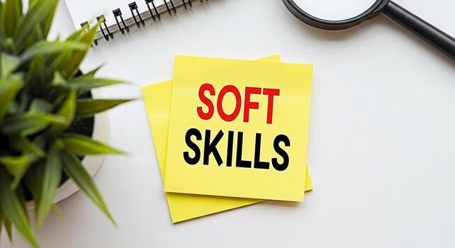 Closeup of yellow sticky notes displaying Soft Skills on a clean white desk with a plant and magnifying glass emphasizing the importance of interpersonal abilities in a professional environment creati photo
