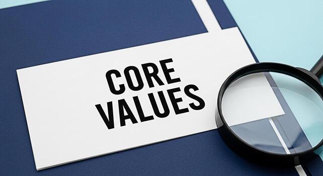 Magnifying glass examining a card with the words Core Values on a blue background emphasizing the importance of ethics principles and integrity in business and personal life creating a sense of focus photo