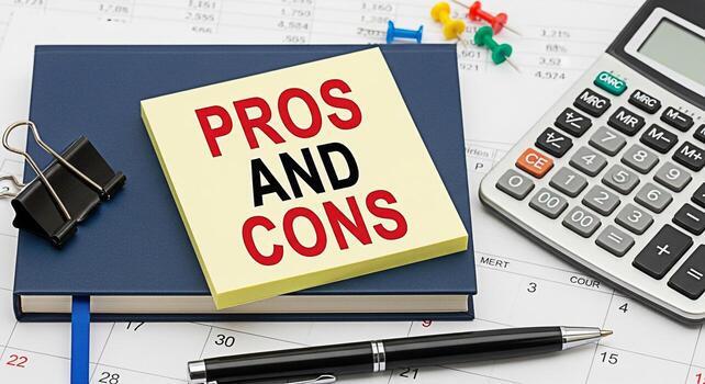 Closeup of a notepad displaying Pros and Cons on a desk with a calculator pen and calendar representing business analysis decisionmaking and strategic planning in a professional environment photo