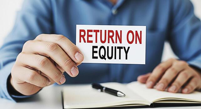 Closeup of a businessman holding a card that reads Return on Equity while reviewing financial data in a notebook with a pen symbolizing investment analysis and strategic financial planning for busines photo