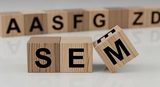 Wooden blocks spelling out SEM in a bright studio setting symbolizing search engine marketing strategies and optimization techniques for improved online visibility and business growth conveying a mess photo
