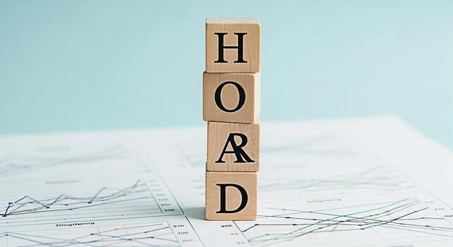 Wooden blocks spelling HOARD stacked on financial charts in a bright studio representing accumulation saving and strategic investment for longterm financial security and wealth creation with a minimal photo