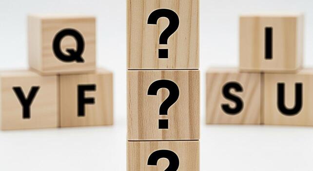 Wooden blocks displaying letters and question marks on a white surface representing uncertainty and the search for answers in a clean minimalist setting evoking curiosity and problemsolving photo