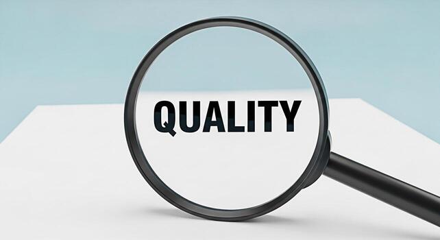 Magnifying glass inspecting the word QUALITY on a white surface in a bright studio setting symbolizing attention to detail excellence and the importance of high standards in business and product devel photo