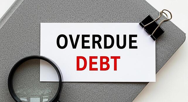 Closeup of overdue debt notice on a textured gray surface highlighted by a magnifying glass and secured with a binder clip symbolizing financial challenges and the urgency of addressing outstanding pa photo