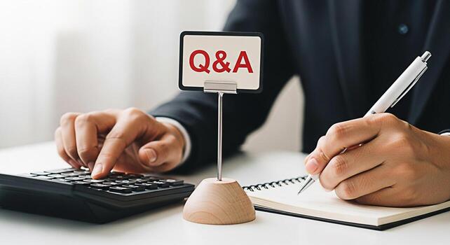 Focused professional calculating finances and taking notes at a bright desk with a QA sign representing financial planning problemsolving and strategic decisionmaking in a modern business environment photo