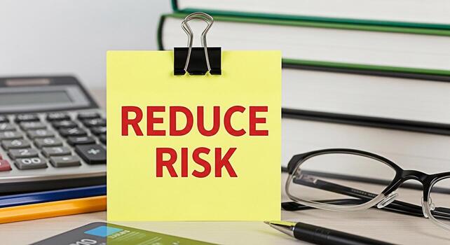A yellow sticky note displaying Reduce Risk on a desk with a calculator books glasses and a pen symbolizing strategic planning and proactive risk management in a business or educational setting convey photo