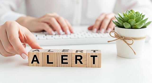 Woman arranging wooden blocks spelling ALERT on a white desk with a succulent plant creating a sense of urgency and attention to detail in a modern office environment emphasizing focus and problemsolv photo